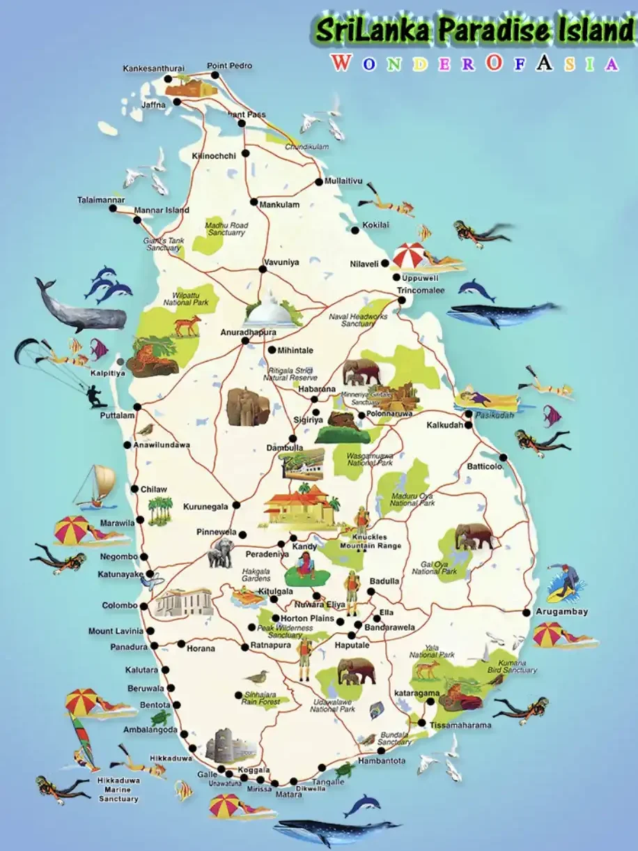 Detailed tourist map of Sri Lanka for private tour planning